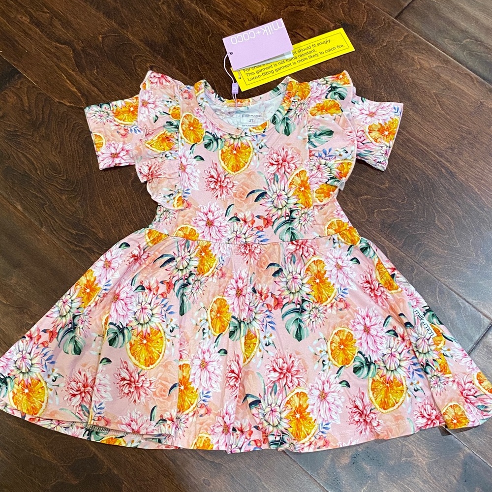 Milk + Coco Bamboo Orange /Floral Print Twirl Dress 2T NWT